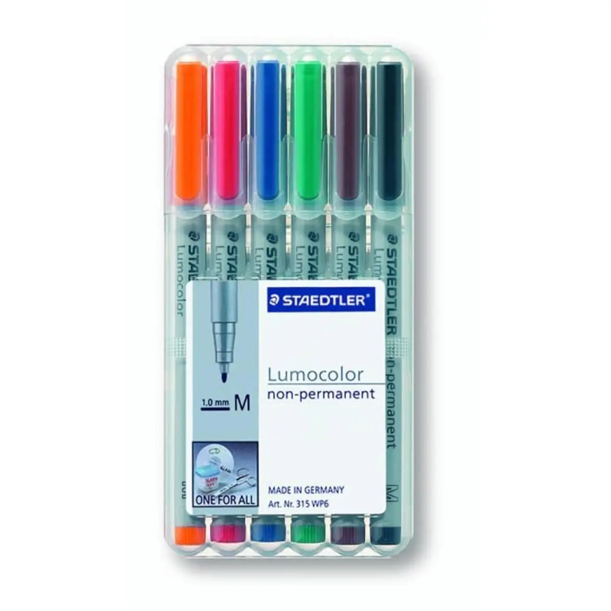 Staedtler ST 313 WP6 Lumocolor Permanent Overhead Pen (6 Pieces), 1.0 mm Line Width, Office Stationery Supplies, Airplane-Safe, Fast-Drying, Lightfast Black, Film-Wipeable, Automatic Pressure Equalization, PP Barrel and Cap