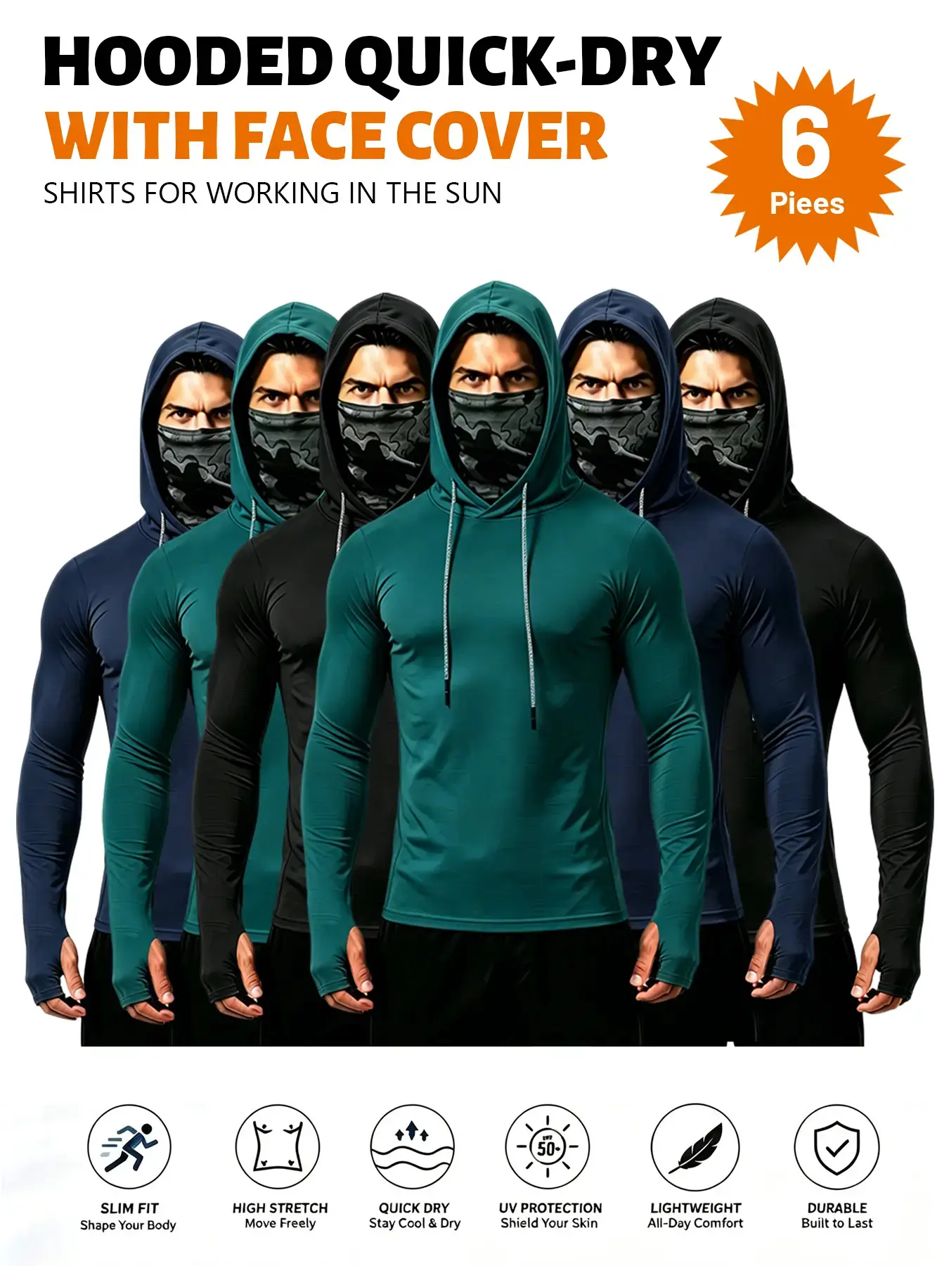 6 PCS Men UPF Sun Protection Compression Hooded Shirts, Quick Dry Breathable Long Sleeve Athletic Tops with Attached Face Mask, Lightweight Cooling Performance Activewear for Fishing Construction Outdoor Work