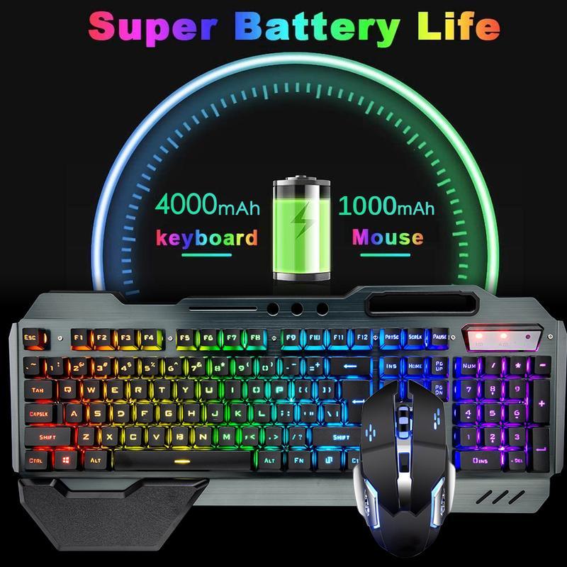 RGB Backlit Wireless Gaming Keyboard and Mouse Combo - Rechargeable, Metal Panel, Mechanical Feel for Laptop and PC Gamers