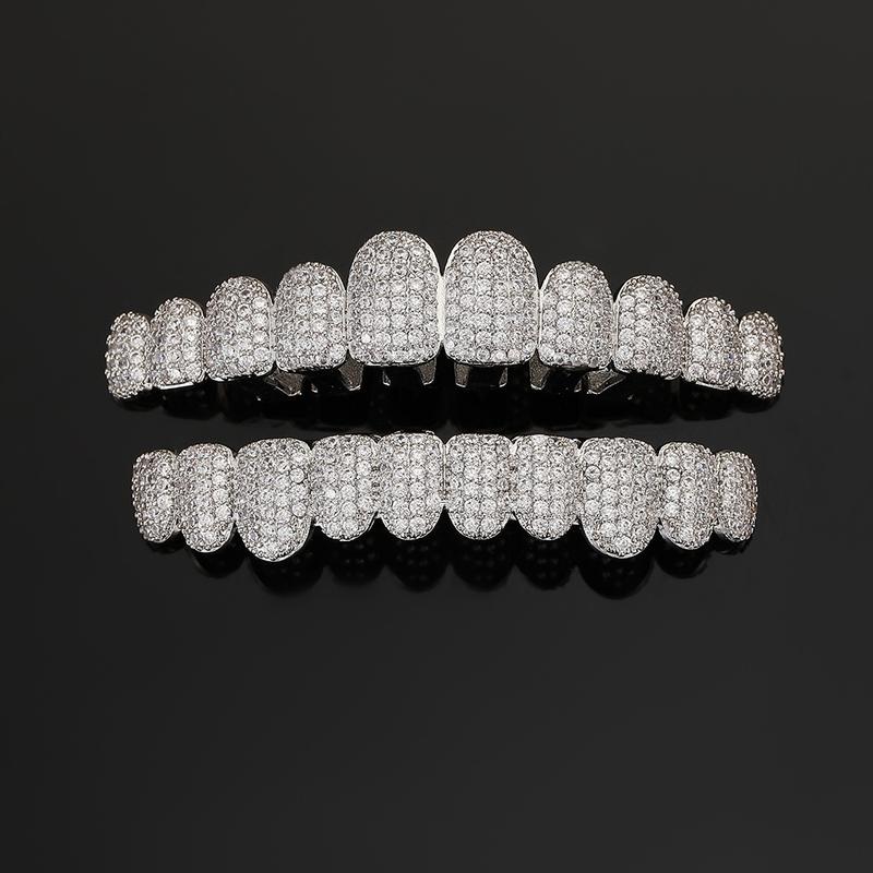 Iced Out Hip Hop Grillz - 18K Gold Plated 10-Tooth Full Set, Luxury Dental Jewelry for Rappers and Party Vibe Oral Retainer Brace