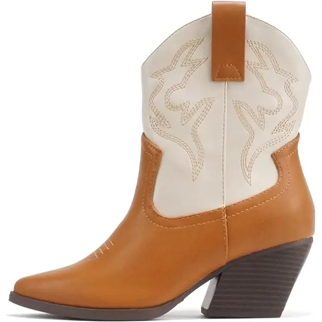 SODA Women's Blazing Western Stitched Ankle Boots, Soft Faux Suede Cowboy Footwear with a Pointed Toe and Low Platform Heel, Shoe, Fashion, Stacked Heel, Pull On, Leather & Faux Leather