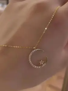 New Star Moon Zircon Necklace, Dazzling High-End Design, Unique Star Moon Clavicle Necklace, Cubic Zirconia Necklaces