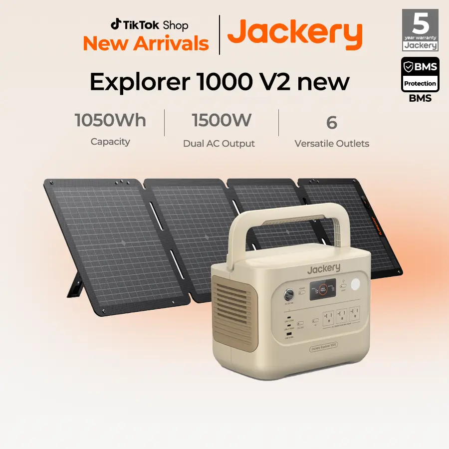 [Opening Ceremony]  Jackery Solar Generator 1000 v2 with 100W Solar Panel,1070Wh Portable Power Station, LiFePO4 Battery,1500W AC Output,1 Hr Fast Charge, for Camping,Emergency, RV, Off-Grid Living(Dune White)