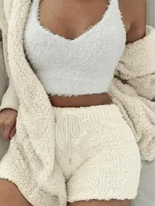 Warm Fuzzy Pajama Set, Long Sleeve Hooded Robe & Tank Top & Drawstring Shorts, Women's Sleepwear & Loungewear