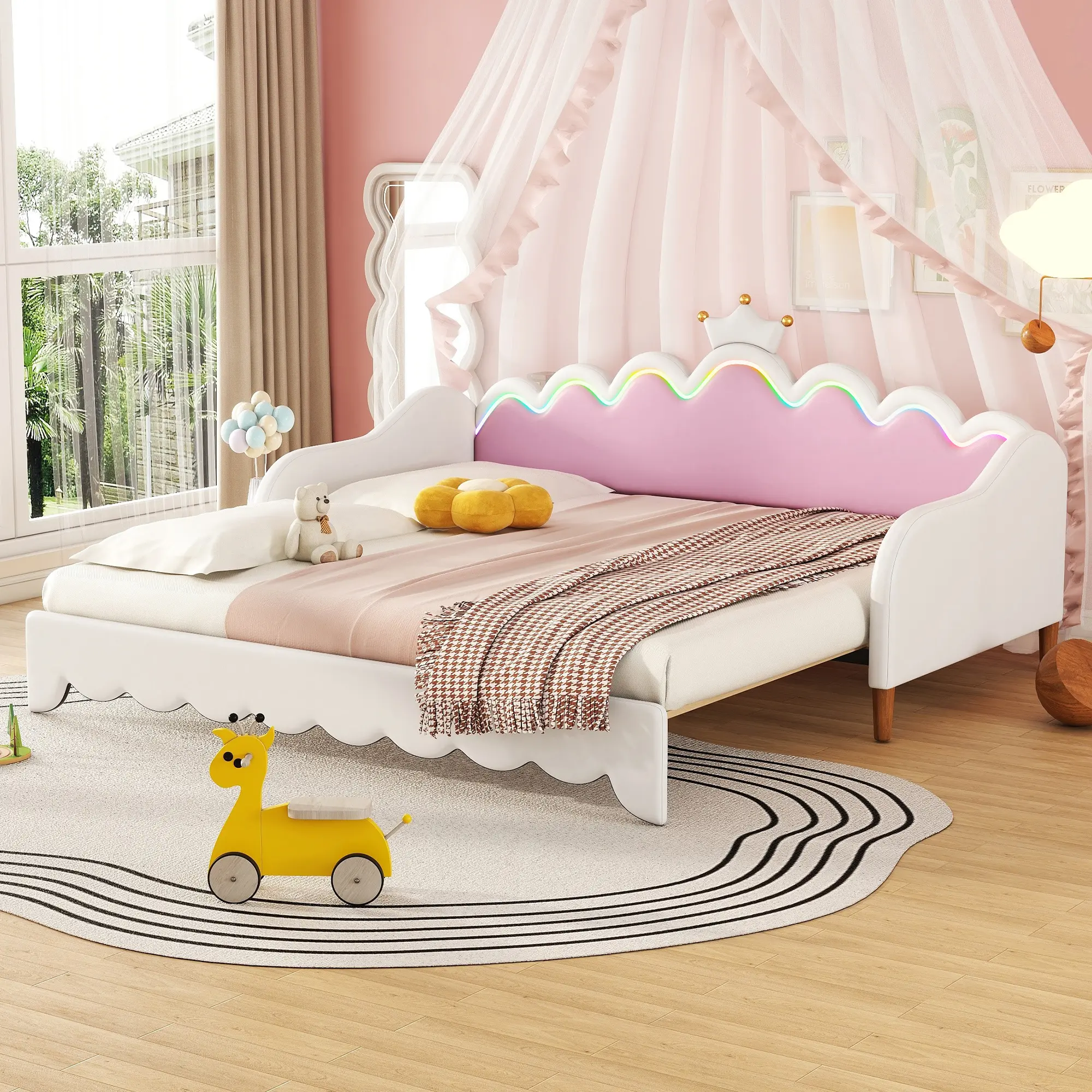 Twin Size Daybed, Twin Sofa Bed Frame, LED Extending Daybed Twin to Queen Size, Modern Upholstered Daybed with Crown Headboard, Twin Sofa Bed Frame, Pull-Out Design, No Box-Spring Needed