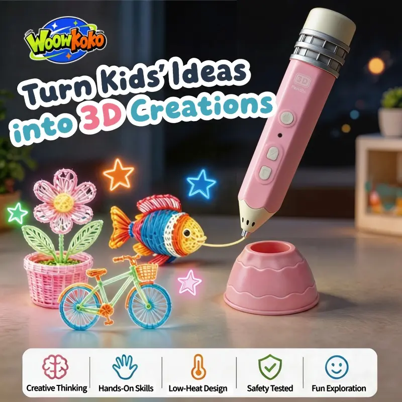WoowKoko Glow in The Dark 3D Pen for Kids — 10-Color Fluorescent PLA Filament Set with Sturdy Stand, DIY 3D Drawing & Doodling Kit, Arts Crafts Toy Birthday Christmas Gift