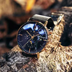 Men's Luxury 42mm Steel Automatic Mechanical Wristwatch - Analog Round Dial, 30M-50M Waterproof, Calendar, Moon Phase, Mineral Glass, Mesh Strap Options (1-Rose Black/2-Full Black/3-Rose White), Simple Fashion Multifunctional Design