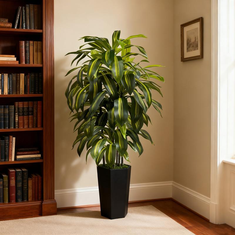 5FT 6FT Artificial Dracaena Tree – Tall Fake Indoor Floor Plant with Black or White Planter – Large Faux House Plants for Living Room Bedroom Office Home Decor, Gift Idea for Housewarming & Home Decorations