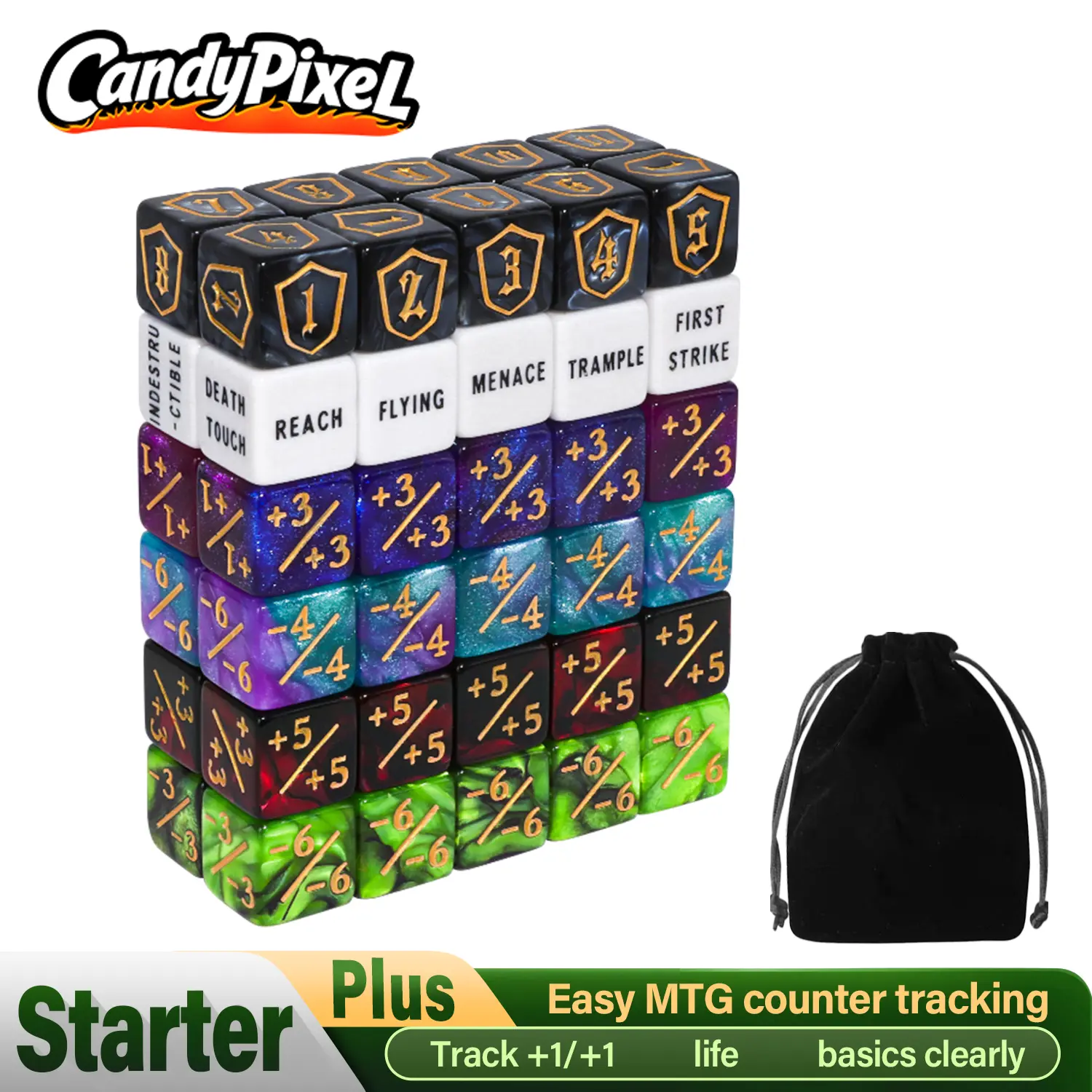 CANDYPIXEL MTG Dice Counters 60 PCS Premium Durable Acrylic Life Counter 1/+1 Buff Tokens for MTG TCG Card Games with Clear Lettering Magic