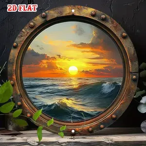 **Vintage Ocean Sunset Round Aluminum Wall Art Framed Coastal Decor Circular Window Design for Beach House Living Room Decor**