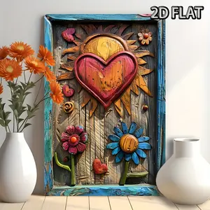 2D Flat, 2D Flat Decorative Signs & Plaques, 1pc Vibrant Hippie Heart Symbol with Sunflower and Butterfly Metal Mural - 8" X 12" - Country Wood Background Decorative Sign - Suitable for Homes - Kitchens - Bars and Thanksgiving Gifts - Retro Style
