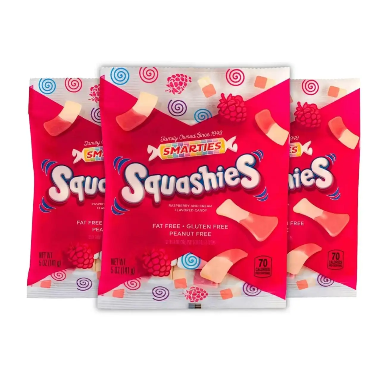 Smarties Squashies Foam Marshmallows Gummies Candy Gluten Free Gummy Candy Bulk Peanut Free - Raspberries Flavored 5 oz Candy Bags (Pack of 3)