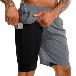 Men's 2 in 1 Running Shorts 7 in Quick Dry Gym Athletic Workout Shorts for Men with Phone Pockets—GREY