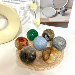 Chakra Natural Healing Spheres with Wooden Stand 40mm Crystal Quartz Stones for Meditation Positive Energy Night Light Decoration Balls Set for Home