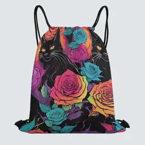 Beautiful Witchy Goth Trippy Rainbow Black cat rose print(1) Custom Drawstring Bags with Waffle Cloth Designs
