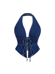 Y2K Sexy Deep V Denim Halter Top, Fitted Short Sleeveless Drawstring Shirt, Casual Fashion for Daily Wear, Stylish and Versatility