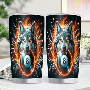 1pc Wolf & 8 Ball Insulated Stainless Steel Tumbler - 20oz Thermal Cup with Wolf Design, Leakproof Travel Mug, BPA-Free Vacuum Cup for Hot/Cold Drinks, Heavy-Duty 304 Stainless Steel Construction - Ideal for Gym, Camping, Office