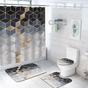 Geometric Pattern Bathroom Set, 4 Counts/set Including Shower Curtain with 12pcs Hooks  & Toilet Lid Mat & U-shaped Mat & Toilet Foot Mat, Bathroom Accessories for Home Hotel Dormitory Decor, Shower Curtain Sets