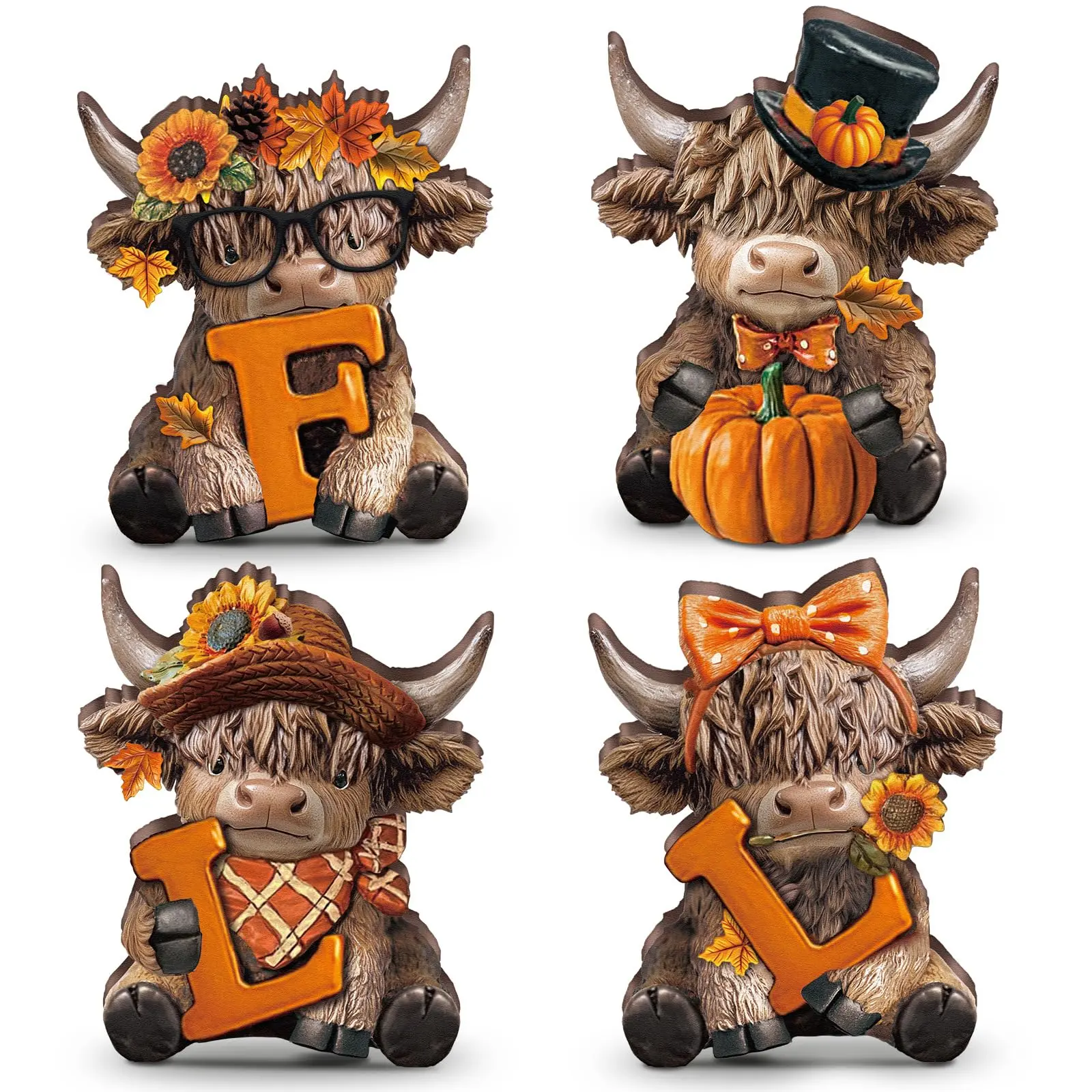 Gejoy Fall Highland Cow Decor Autumn Decor Highland Cattle Gift Wooden Pumpkin Ornament for Calf Lovers Desk Dcoration for Home Office Table 2/3/4pcs