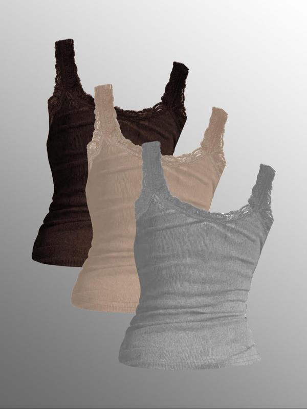 Women's Contrast Lace Tank Top, Casual Comfy Breathable Sleeveless Top, Ladies Clothing for All Seasons