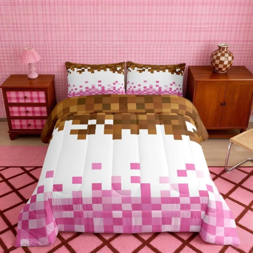 Pixelated Theme Kids Comforter Set,Geometric Grid Bedding Set for Teens Adults Bedroom Decor,Video Games Gamepad Duvet Insert,Pink White Brown Quilted Duvet Set