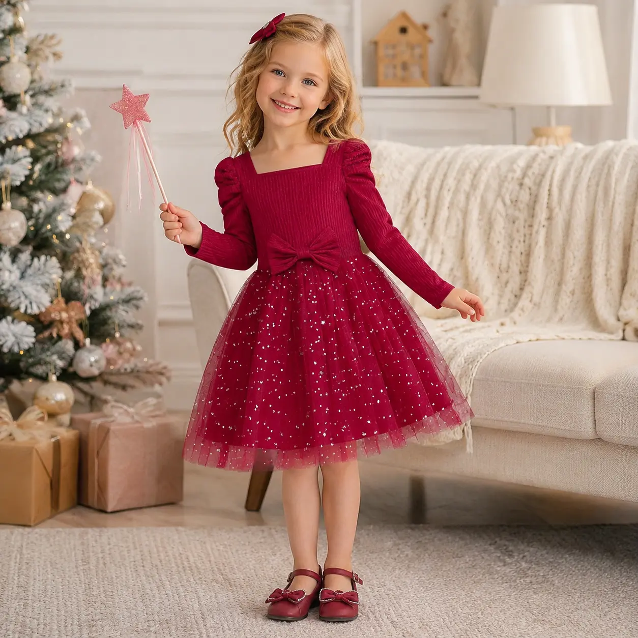 Girls Burgundy Christmas Dress, Long Sleeve Wine Red Star Moon Tulle Princess Gown for Kids 4-7 Years Old, Elegant Holiday Party Outfit with Bow, Sparkly Birthday Gown, Boutique Photoshoot Dress
