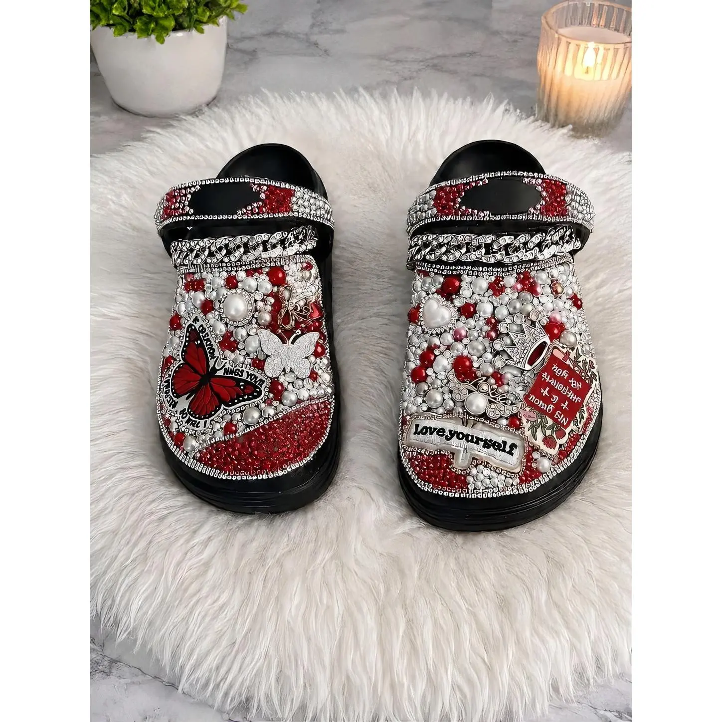 Red Rhinestone Butterfly Clogs with "Love Yourself" Text and Pearl Accents for Women