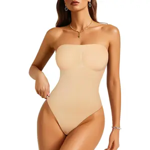 Strapless Shapewear Bodysuit for Women - Thong Bodysuit Tummy Control Tube Top Body Suits with Removable Strap