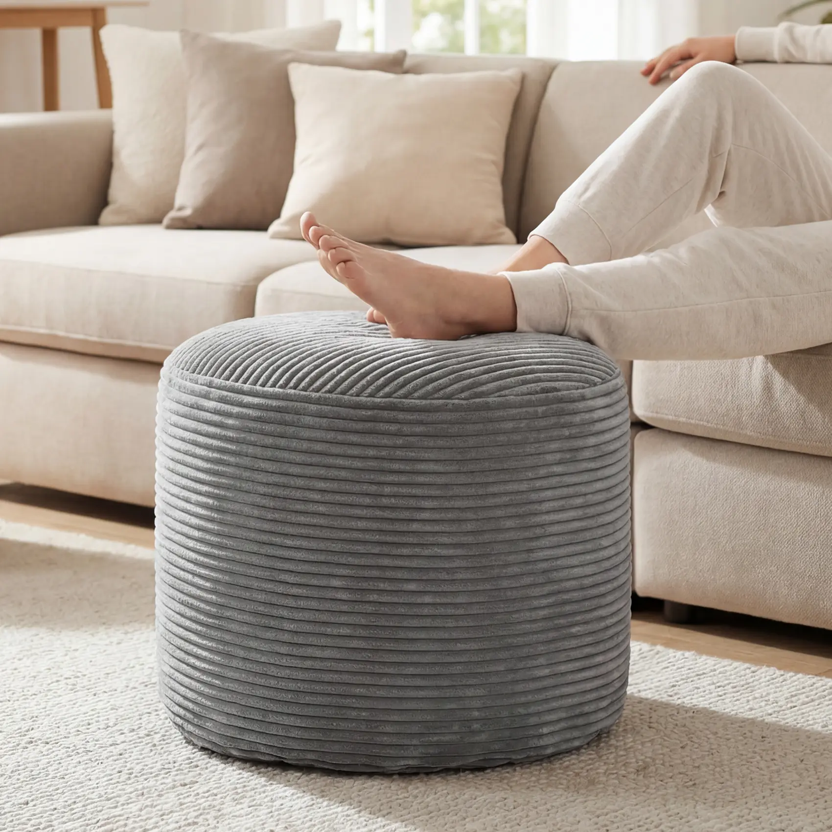 Classic Stain-Resistant Plush Stool Set - 20in Fade-Resistant Corduroy Cover, Memory Foam & Silk-Blend Cotton Filling, Durable Non-Customised All-Seasons Footrest for Living Rooms, Nurseries