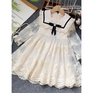 [Princess Dress] Girls' Long Sleeve Lace & Mesh Princess Dress with Embroidery, Bow Detail - Sweet Style Hand Wash Only Fairy Tale Dress for Spring/Fall, & Girls