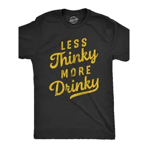 Men's Oversized Comfy Basic T-Shirt - Funny Sarcastic "Less Thinky More Drinky" Drinking Joke Print Tee, Casual Crew Neck, All-Season Pure Fabric Top