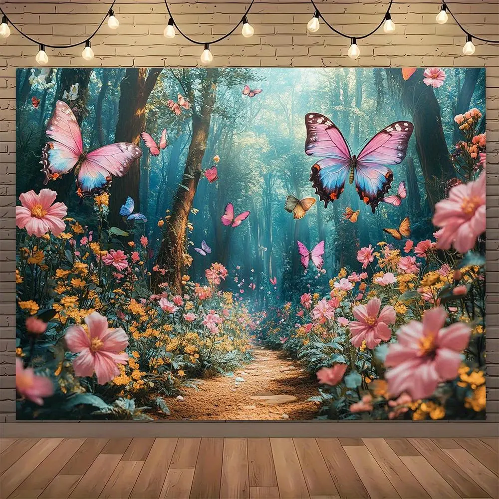 1pc Polyester Soft Fabric 2D Flat Pink & Yellow Flower Garden Banner with Butterfly Ornaments, Multi-Sizes Photo Backdrop, No Power Needed, Ideal for Spring Events Decorating, Easter Home Supplies