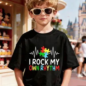 Boys' Autism Awareness "I Rock My Own Rhythm" Sensory-Friendly T-Shirt, Soft Round Neck Casual Summer Tee For Youths With ASD, ADHD, Autism, Machine Washable, Soft Material, Relaxed Fit For Boys & Girls, Autism Apparel, Ideal For Casual Wear & Activities