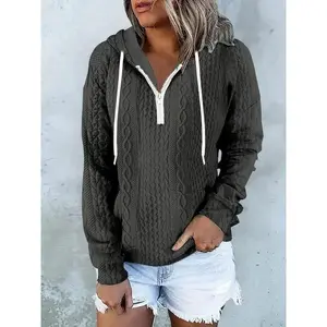 Twisted Knitted Quarter Zipper Hooded Sweatshirt, Casual Long Sleeve Drawstring Hoodie, Sweatshirt, Women's Clothing Fabric Womenswear Tops Collar Knitting Pocket Polyester Printed Solid Spandex Basic Fitted Minimalist Winter