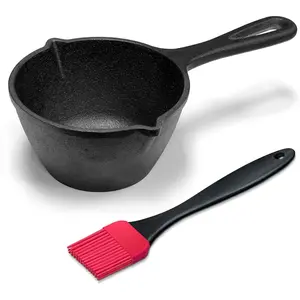 Small Cast Iron Basting Pot with  BBQ Brush - Cast Iron Saucepan for Grilling, , Butter Melting Pot, 15 Oz