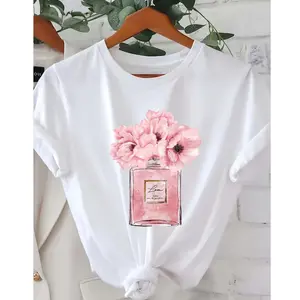 Women's floral print t-shirt, Parisian floral design, casual round neck short sleeve top, Suitable for daily wear in all seasons Cotton Elegance