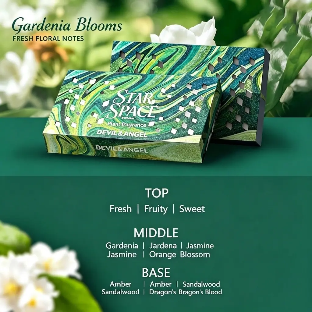 Unisex Natural Source Floral Solid Scent Stone - Solid Block, Gardenia Blooms, Star Space Design, Fruity-Sweet Top Notes (Jasmine, Orange Blossom), Middle Notes (Sandalwood, Amber), Dragon's Blood Base, All Seasons, Multi-Use Home & Car Deodorizer