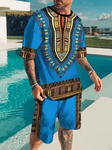 Men's Ethnic Style Pattern Set, Digital Print Short Sleeve Round Neck T-Shirt and Colorblock Shorts, Summer Holiday Casual