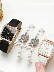 4-piece minimalist and elegant women's quartz watch set with gold accessories and silver jewelry Analog Watches Fashionable Wristwatch Set
