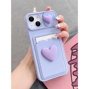 Y2K Sliding Transparent Double Heart Sticker Picture Frame Card Holder Phone Case Compatible With Apple IPhone