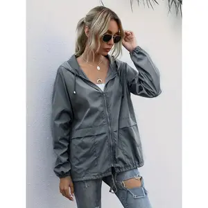 Solid Hooded Jacket - Women's Casual Solid Drawstring Hooded Jacket with Versatile Collar Fabric, Fitted Design, Polyester Sweatshirt Tops Long Sleeve Womenswear Basic Pocket Minimalist