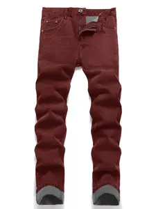 Spring New High-End Dark Red Men's Jeans Long Pants Personality Vitality Slim Straight Casual Trousers