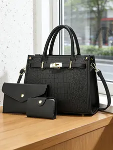 Large Capacity Crocodile Pattern Women's Handbag, Luxurious Kelly Bag Set, Adjustable Shoulder Strap, Multifunctional Messenger Bag, Pu Leather Handbag