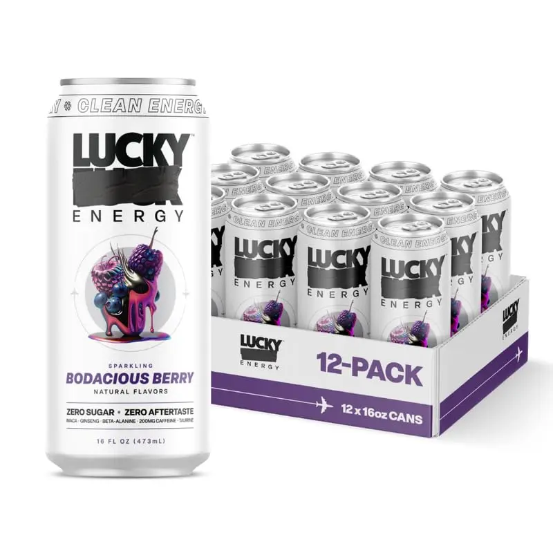 Lucky Energy Sugar Free Energy Drinks 16 Fl Oz Cans (12-Pack) Healthy Energy Drink. Bodacious Berry with Maca, Ginseng, Taurine, Beta-Alanine, 200mg Caffeine