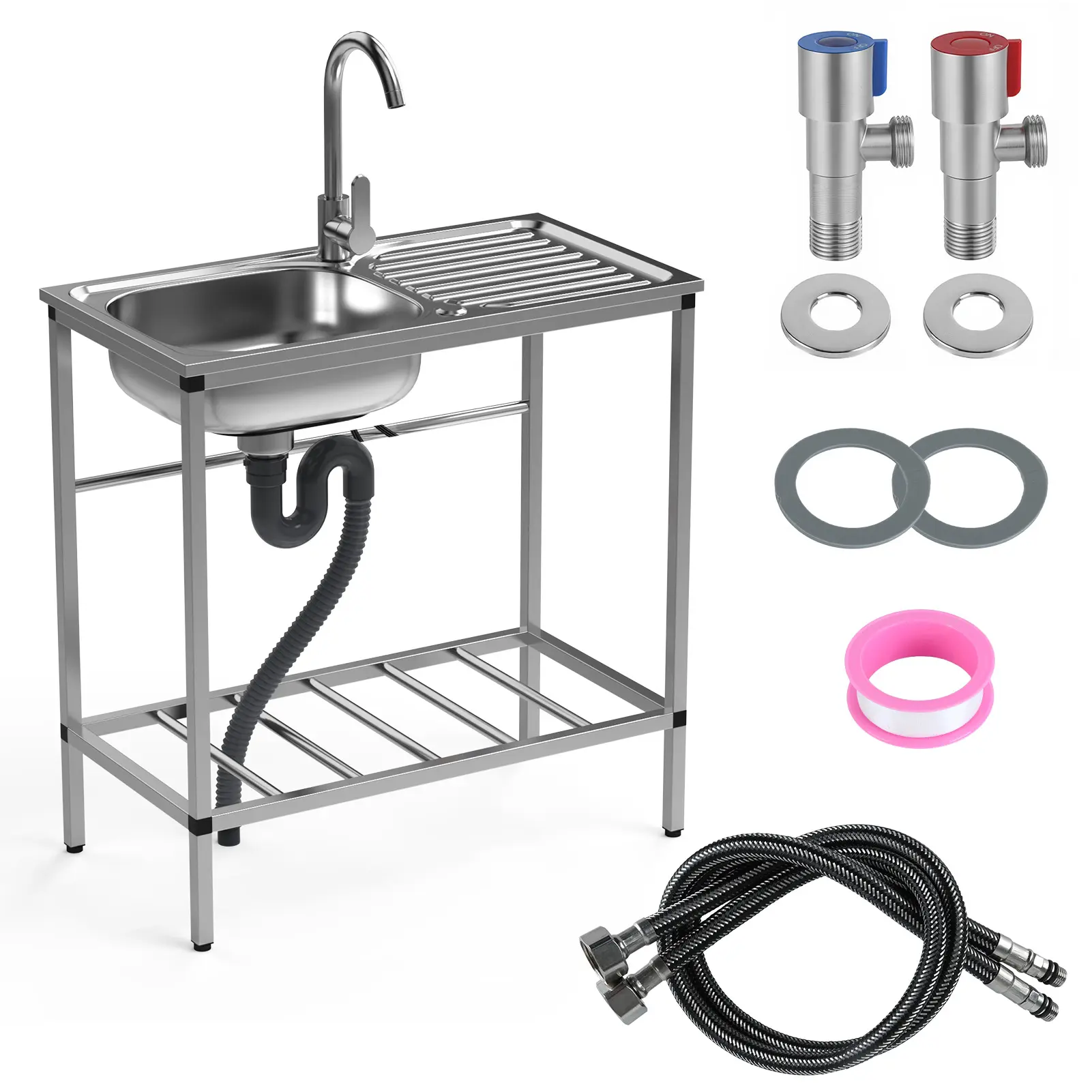 Stainless Steel Freestanding Single Bowl Utility Sink Set - Outdoor Sink Station with Hose Hookup, Hot & Cold Faucet, Storage Shelves for Garage, Kitchen