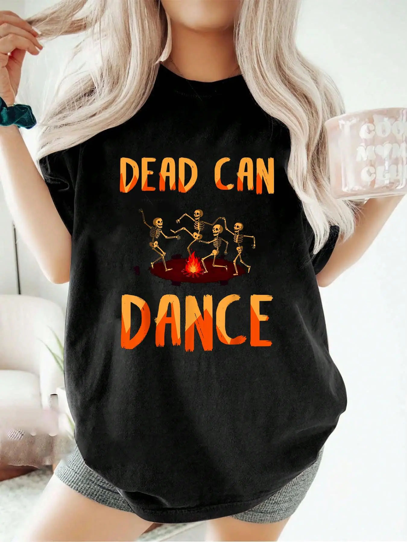 100% pure cotton Dead Can Dance Skeleton Dancing Funny Halloween T-Shirt printed t-shirts for women