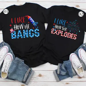 I Like How She Explodes, I Like How He Bangs 4th of July Matching T-Shirt For Couple Graphic Tee Pure Cotton Fabric Casual Street Style Crew Neck Short Sleeve T-Shirt Oufits