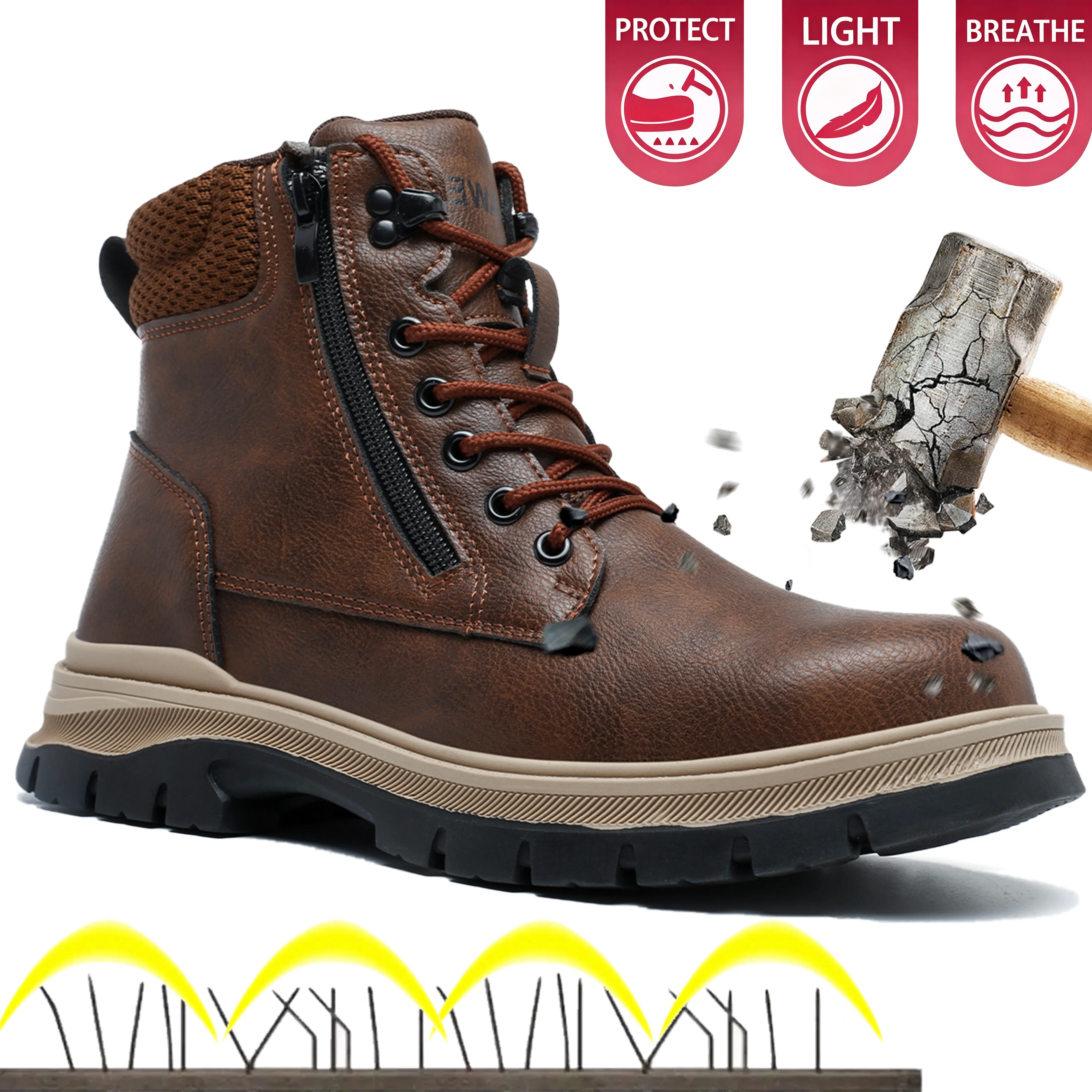 Men's High-Top Work Boots, Lightweight Round Toe Synthetic Lace Up Safety Shoes with a Steel Toe and Puncture-Resistant Midsole, Minimalist, Safety Gear, All Season, Outdoor, Slip Grip, Mesh, Footwear, Closed, Workboots, Athletic