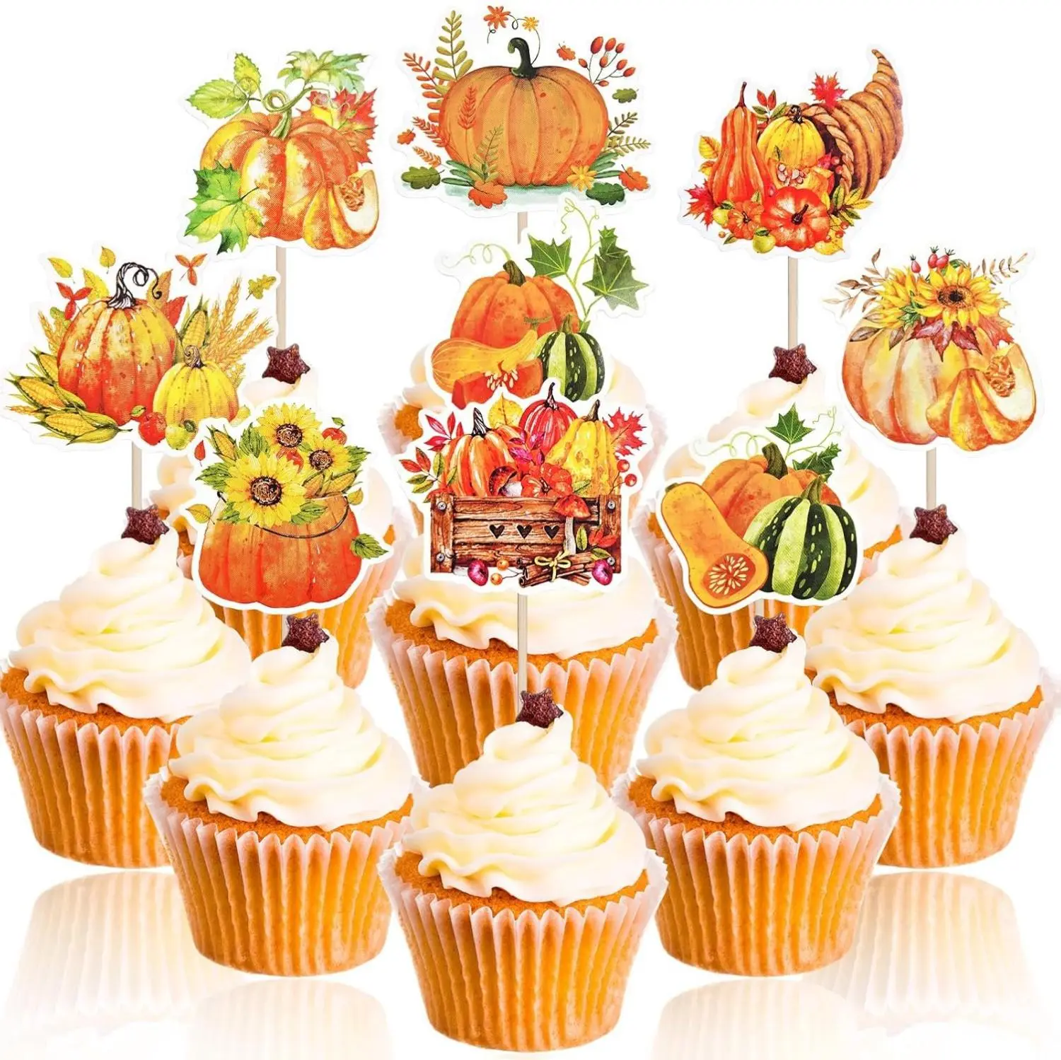32-Piece Harvest-Themed Pumpkin Cupcake Toppers Set - Easy-Assembly Cake Decorations with Pumpkin, Sunflower, Squash, Gourd Icons - Autumn Party, Birthday Dessert Table Picks (32 toppers), Flowers