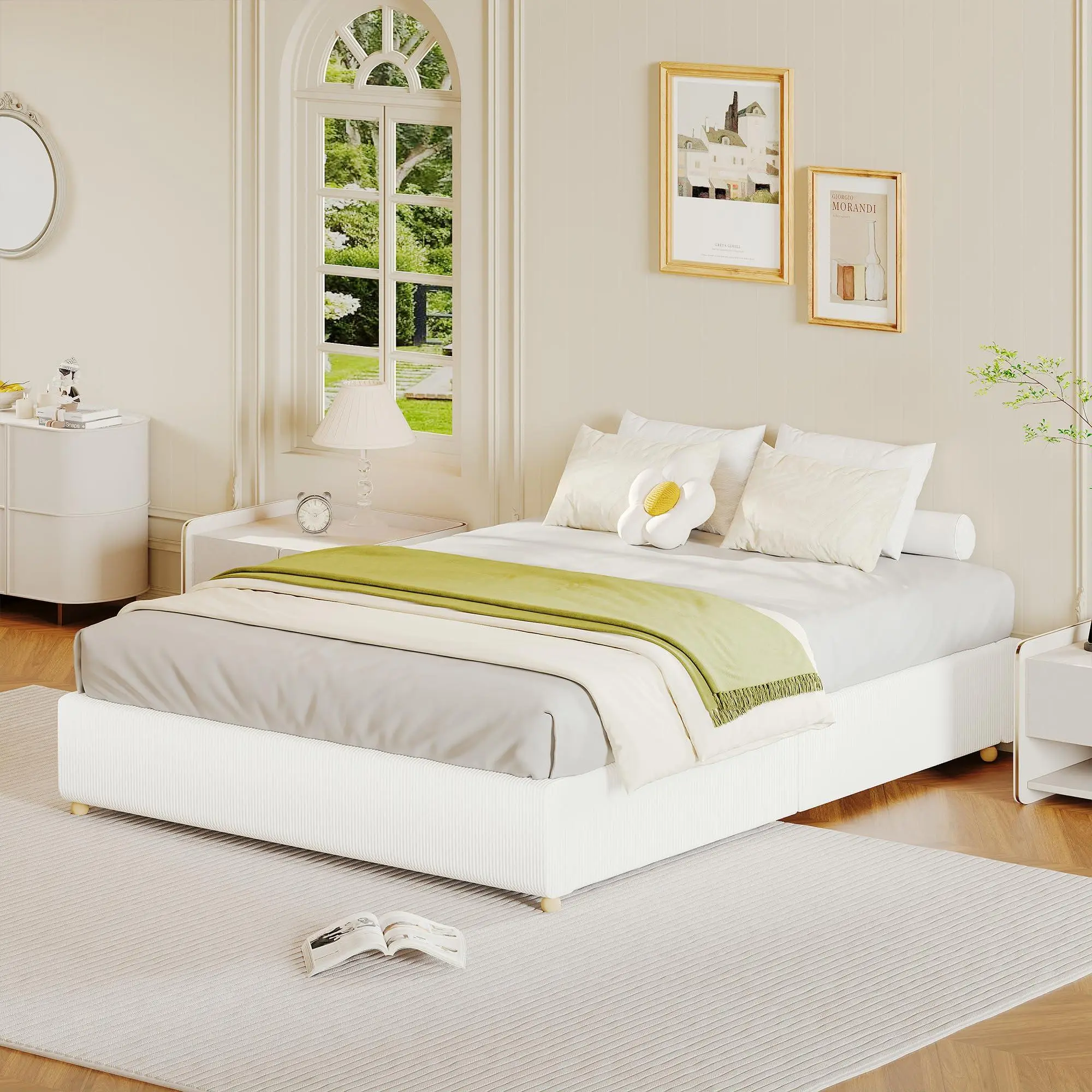 Queen Size Cloud Bed Frame，Corduroy Low Bed Frame Without Headboard, Thick Fabric Upholstered Platform Bed, Solid Wood Legs, No Box Spring Needed, Never Squeak, Easy Assembly, White